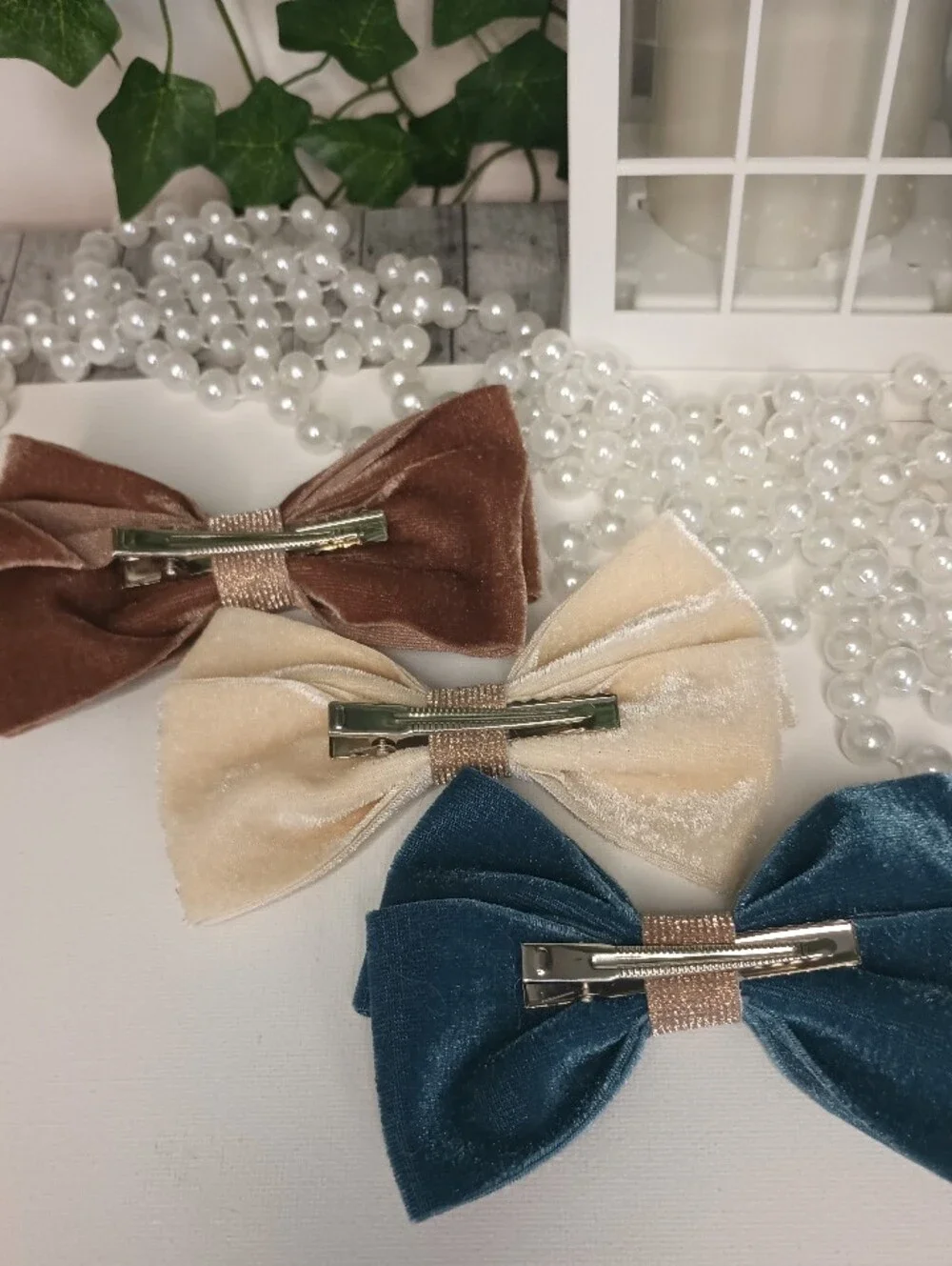 Handmade Velvet Bow Set -  Hair Bows With Rhinestone Details/ Set Of 3🎀✨